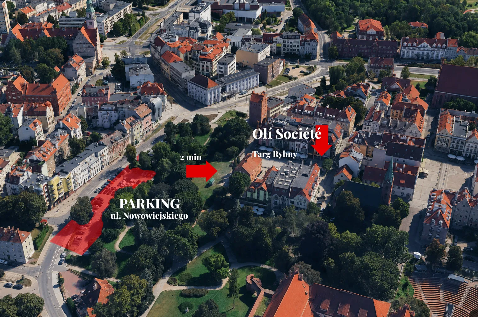 Mapa: parking przy ul. Nowowiejskiego, 2 minuty pieszo do Olí Société na Targu Rybnym